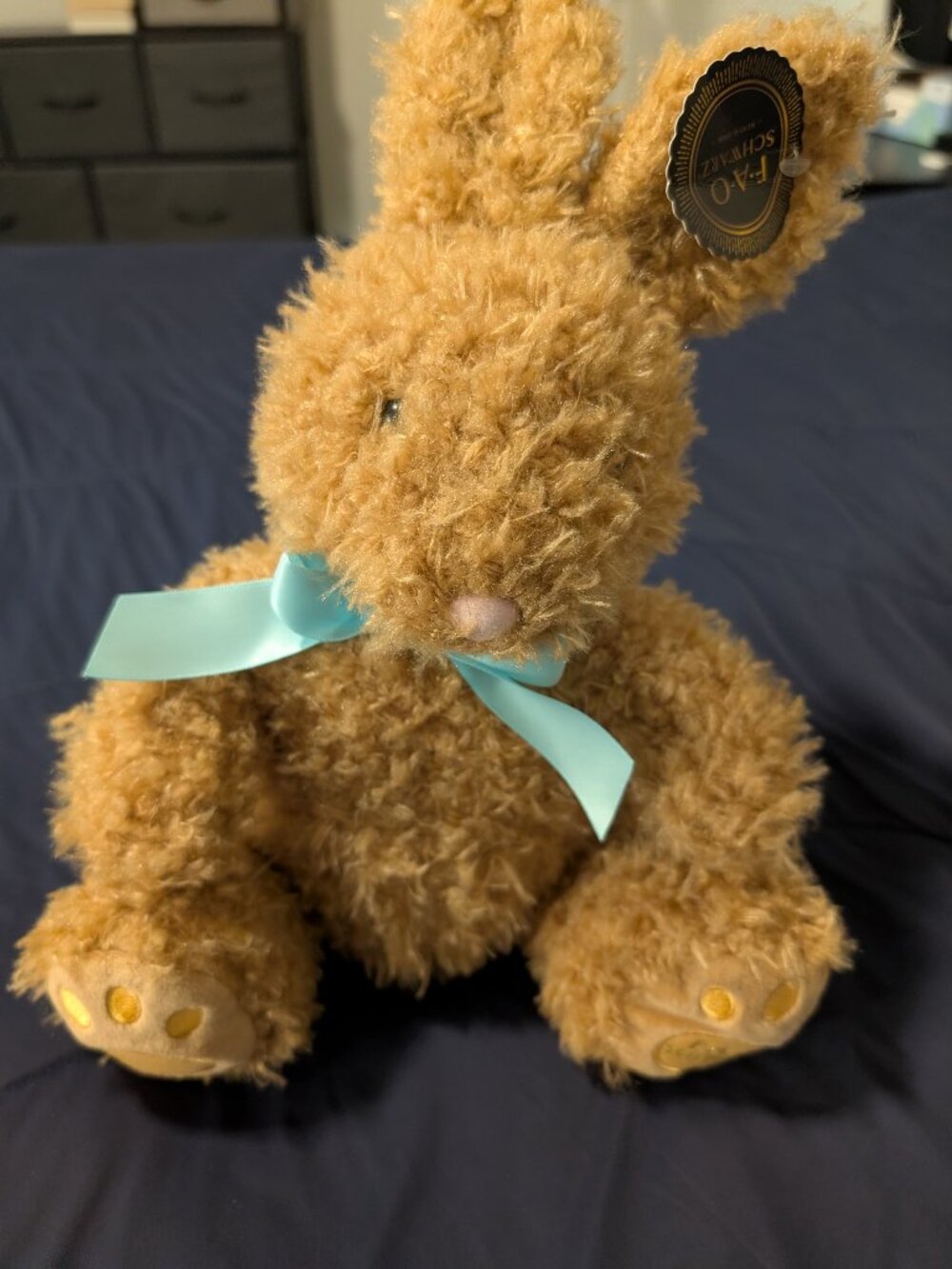 FAO Schwarz 13” Furry Brown Bunny Rabbit w/ Blue Bow Plush Stuffed Animal NWT